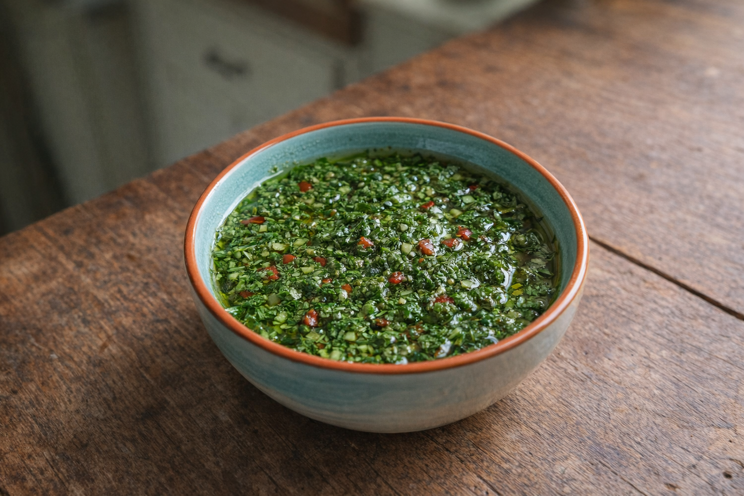 A vibrant bowl of freshly made chimichurri sauce, glistening with olive oil, herbs clearly visible, shot from a high angle on a rustic wooden table.